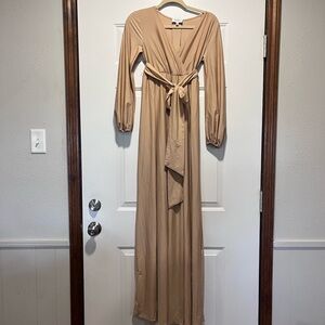 FAERIESTY Tan NUDE Long Sleeve V neck Maxi MATERNITY Dress Size Extra Small XS S